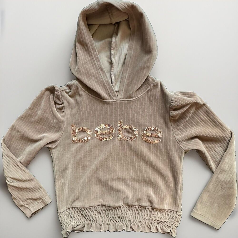 Bebe Girls Tan Ribbed Velour Pullover Hoodie Gold Sequin Bling Logo Y2K Size 7/8